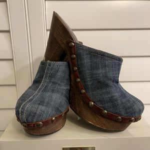 MIU MIU denim wooden platform mules with stud details size 36 1/2